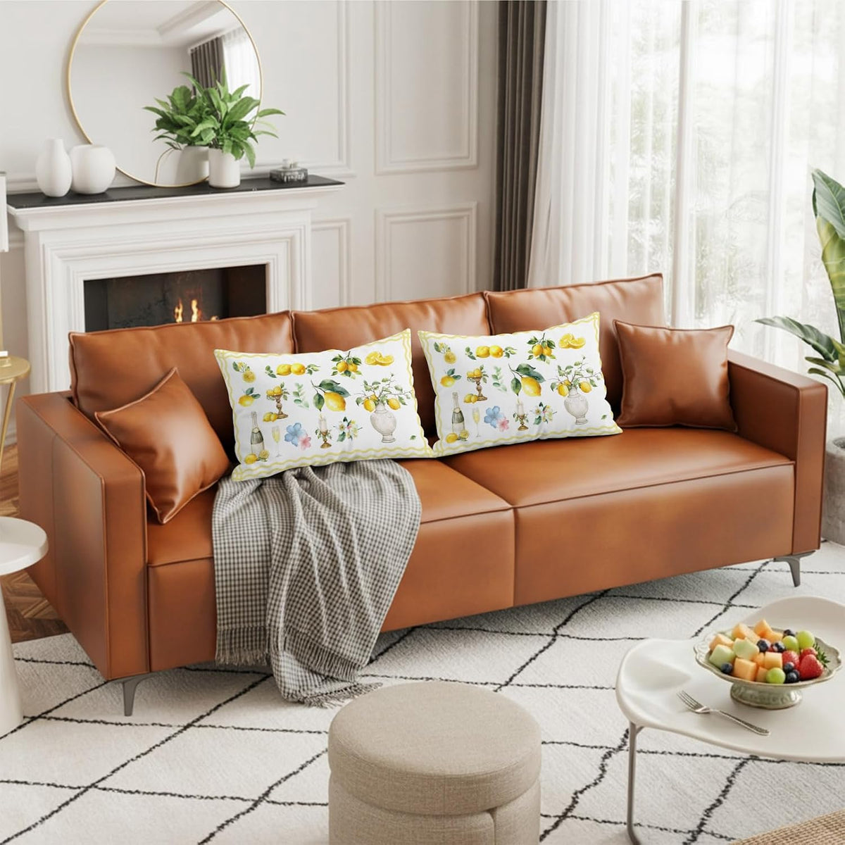 Pillow Cases Standard Size Set of 2, Boho Lemons Breathable Microfiber Pillow Covers with Envelope Closure, Summer Yellow Fruits Flowers Leaf Stripe Luxurious Bed Pillowcases, 20x26 Inch