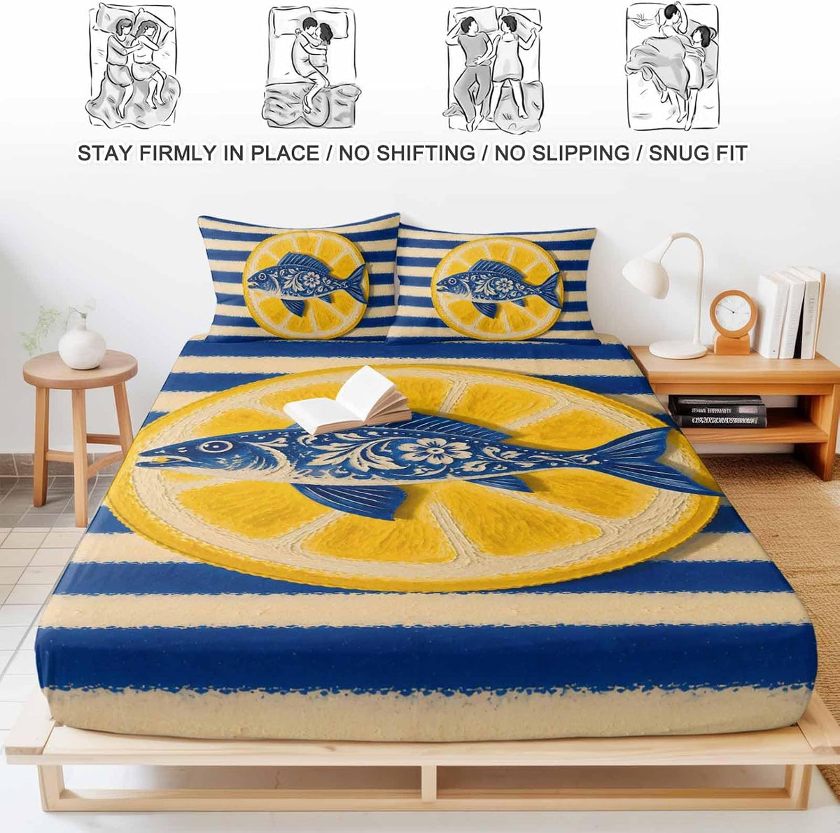 Fitted Sheets Elastic Deep Pocket Bed Sheet Twin XL Blue Fish Yellow Lemon Soft Brushed Microfiber Bed Sheets Set, Blue White Striped Mattress Cover Up Fitted Sheet Pillowcase for Bedroom