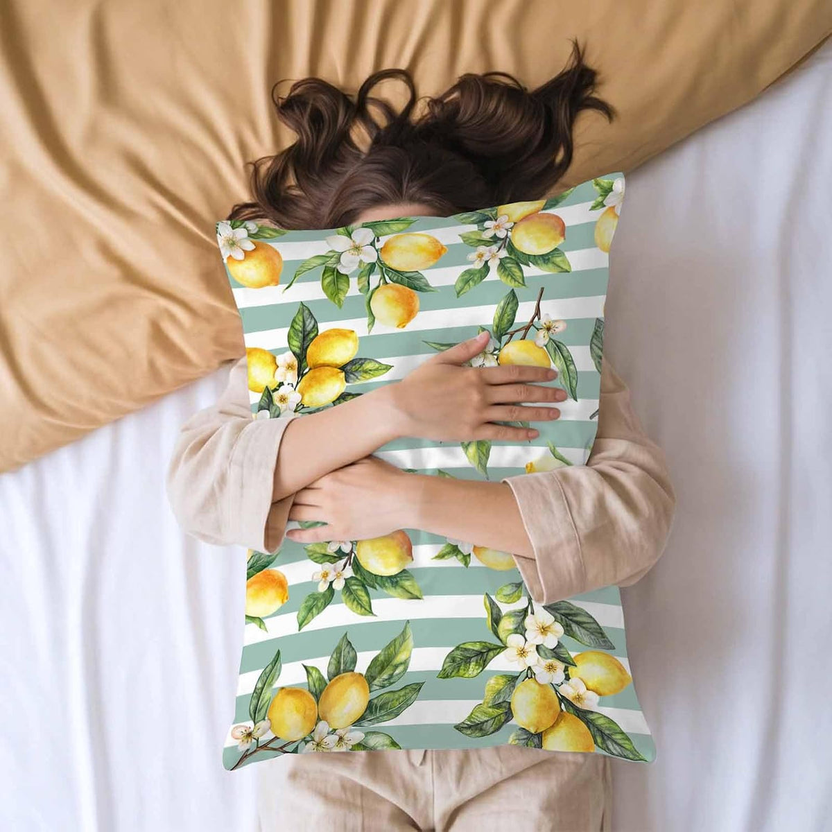 Yellow Lemon Pillow Cases Standard Size Set of 2, Spring Botanical Floral Leaves Aqua Stripes Satin Pillowcase with Zipper for Hair/Skin, Decorative Pillow Covers for Bed/Couch/Sofa, 20x26 Inches