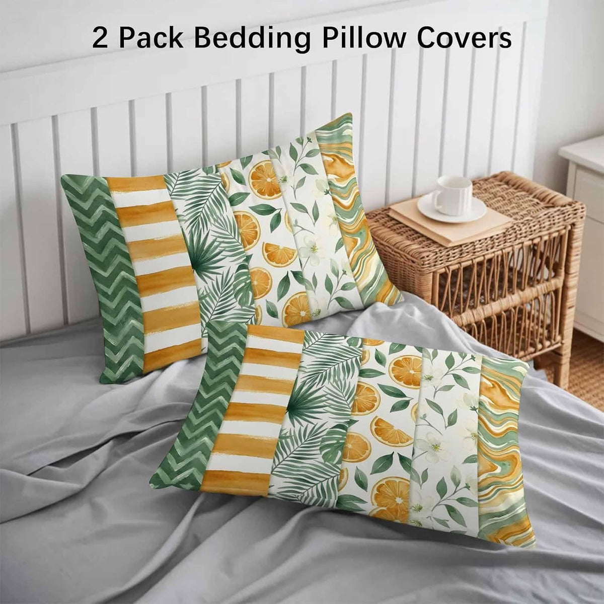 Yellow Lemons Pillow Cases Standard Size Set of 2 - Microfiber Bed Throw Pillow Covers, Summer Botanical Green Leaves Fruits Striped Decorative Lumbar Pillow Cover with Envelope Closure 20"x26"