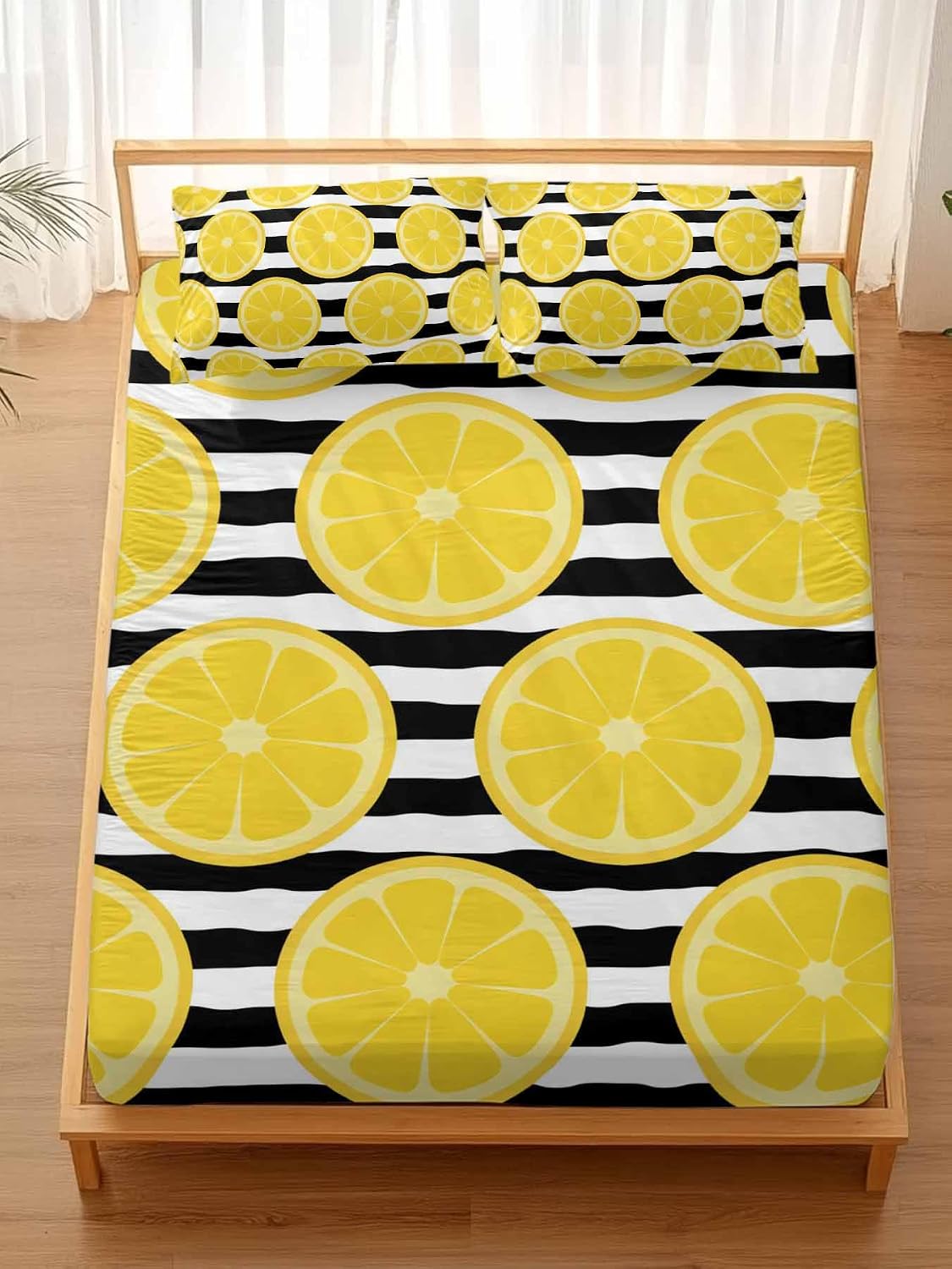 Twin Bed Fitted Sheets Farmhouses Country Yellow Lemon Bed Set with 16" Deep Pocket,Soft Microfiber Bedding Bottom Sheet with Decorative Pillowcases Black White Stripes