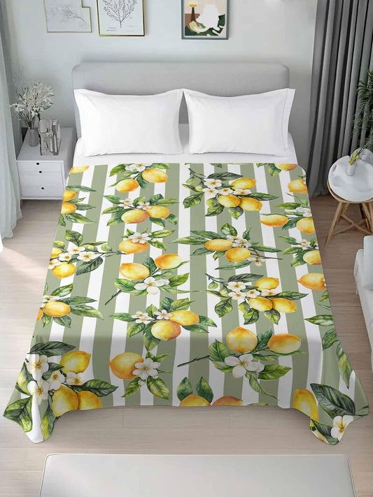 Twin Flat Sheet Only,Vintage Farm Lemon Flowers Top Sheet Breathable Soft Brushed Polyester Microfiber Bed Sheets,Yellow Fruit on Sage Green Stripe Hotel Luxury Bedding Sheets for Women,Men,Teens
