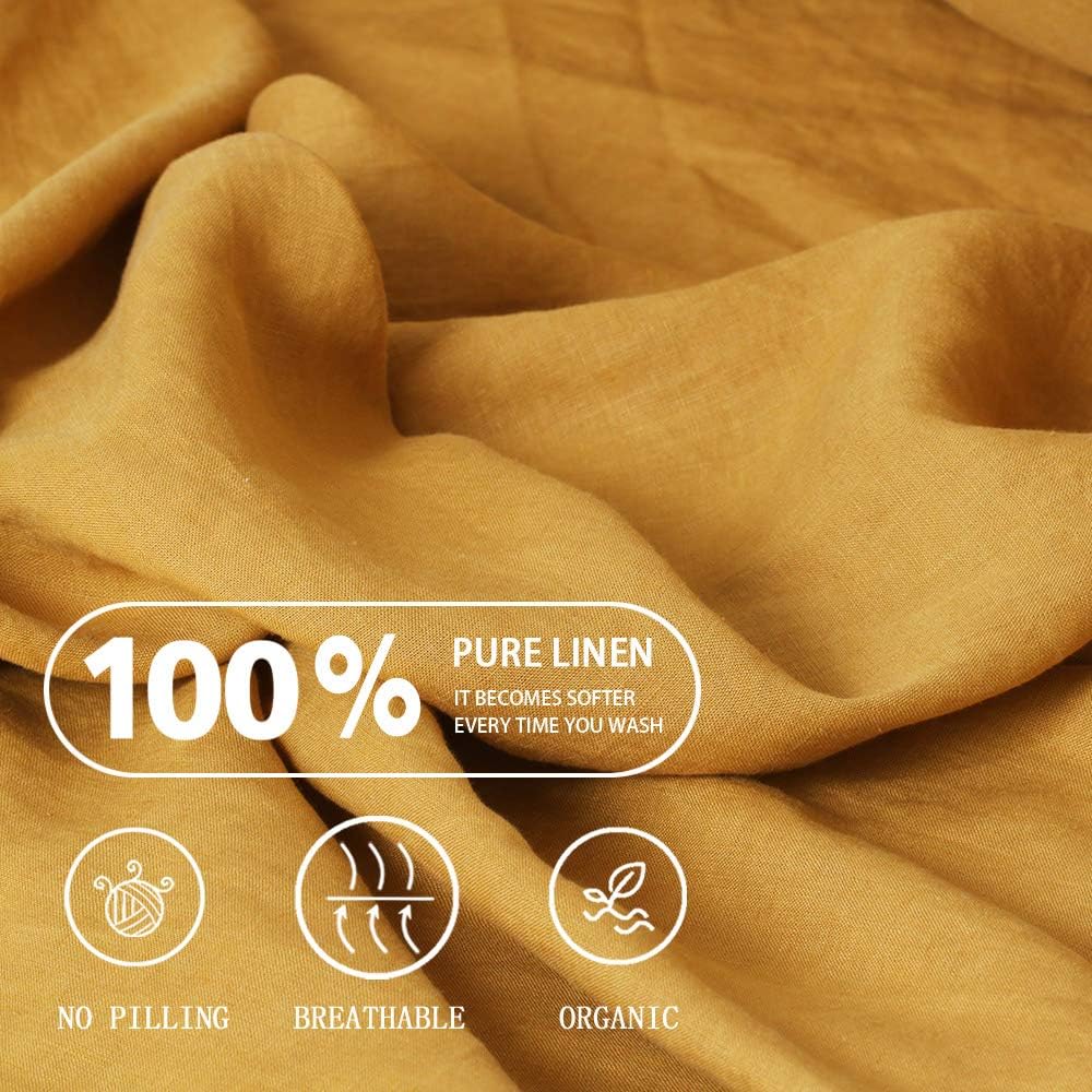 100% Organic Linen Pillowcases Standard Size 20"x30" Set of 2,French Natural Linen Pillow Cases Coconut Buttons Closure Flax Pillowshams,Mustard Yellow