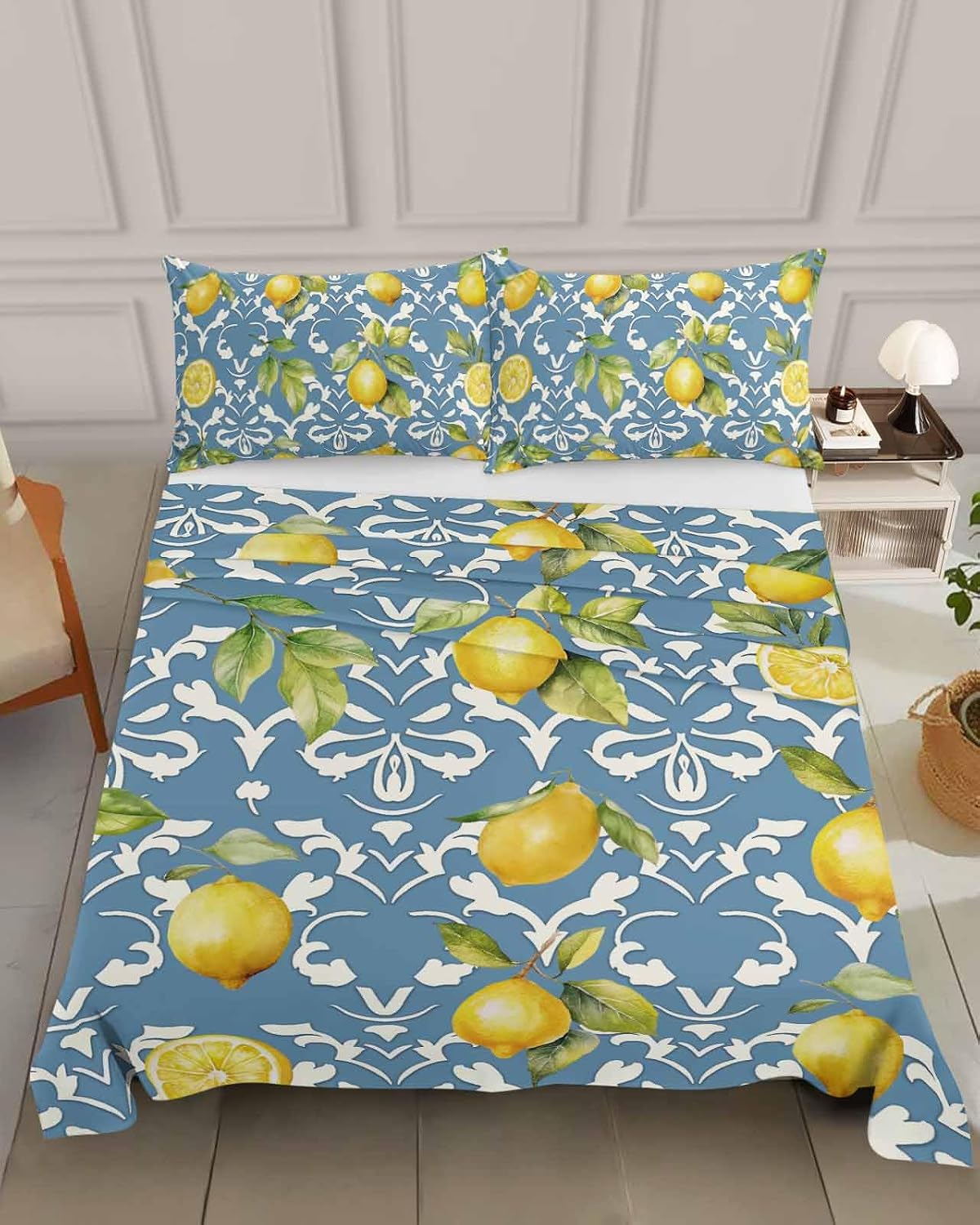 Twin Size Top Sheet Only, Summer Lemon Leaves Yellow Fruit Flat Sheet Microfiber Breathable Soft Bed Sheet, Abstract Floral Pattern on Blue Hotel Luxury Bedding Flat Sheets for Bedroom