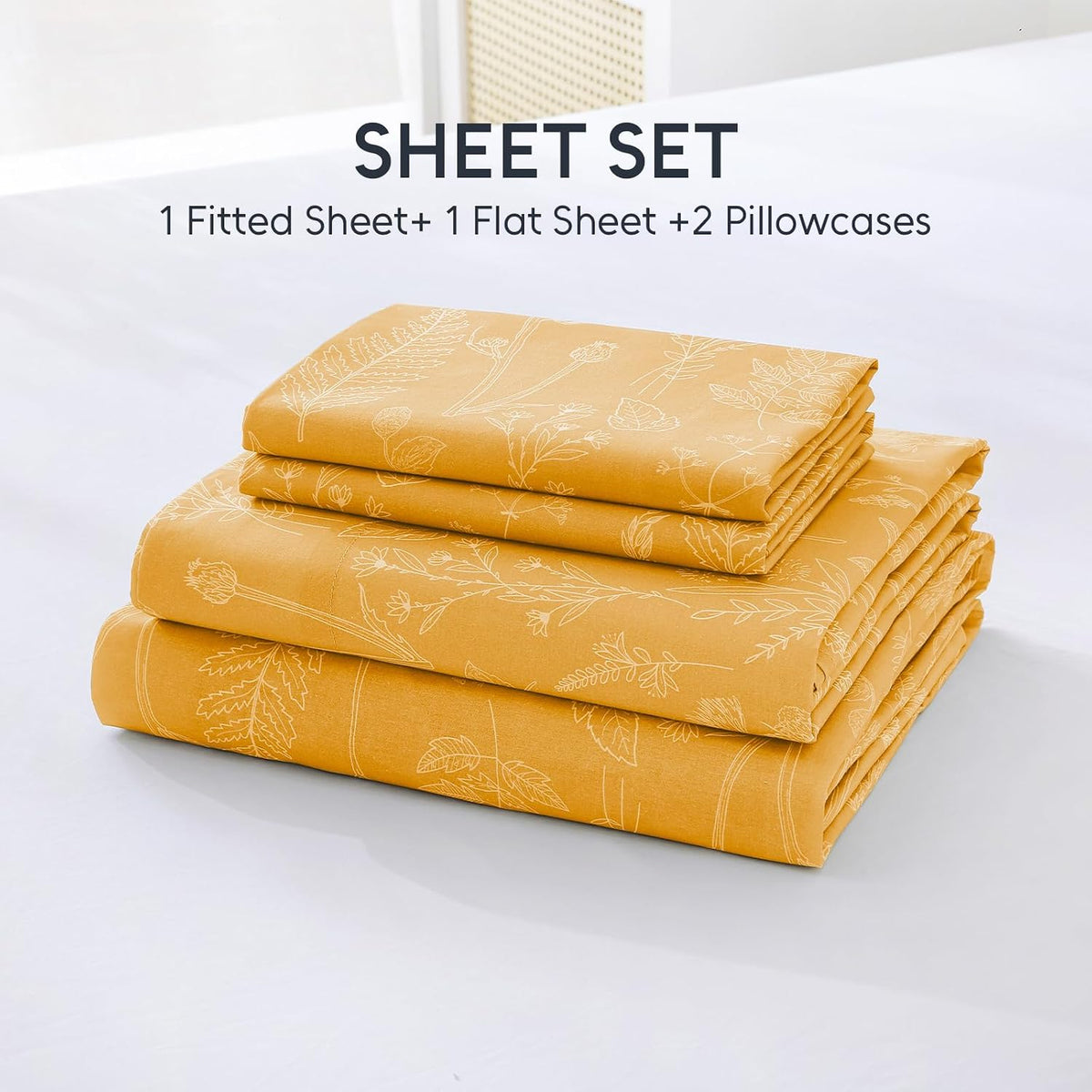 100% Natural Cotton Percale Sheets Set,Queen Size 4 PC, Breathable&Durable Hotel Quality Bedding, 16" Deep Pocket Botanical Floral Bedsheets,Yellow