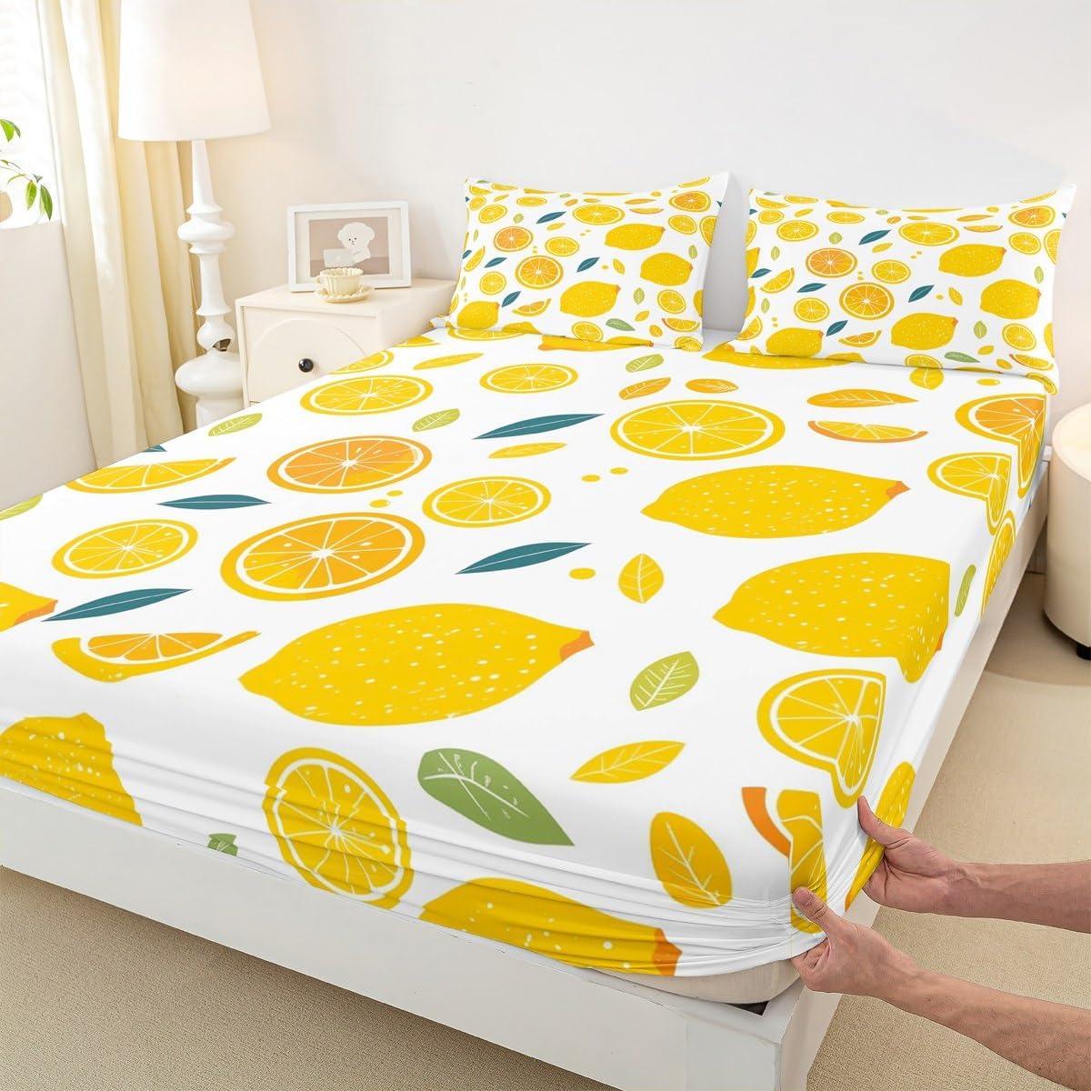 Cute Lemon Kids Bed Sheets Set,Boys Girls Twin Size,Fun Vegetable Fitted Sheet,Cartoon Farmhouse Lifestyle Design Ultra Soft Bedding Set,Yellow Large Lemon Bed Cover Bedroom Decor
