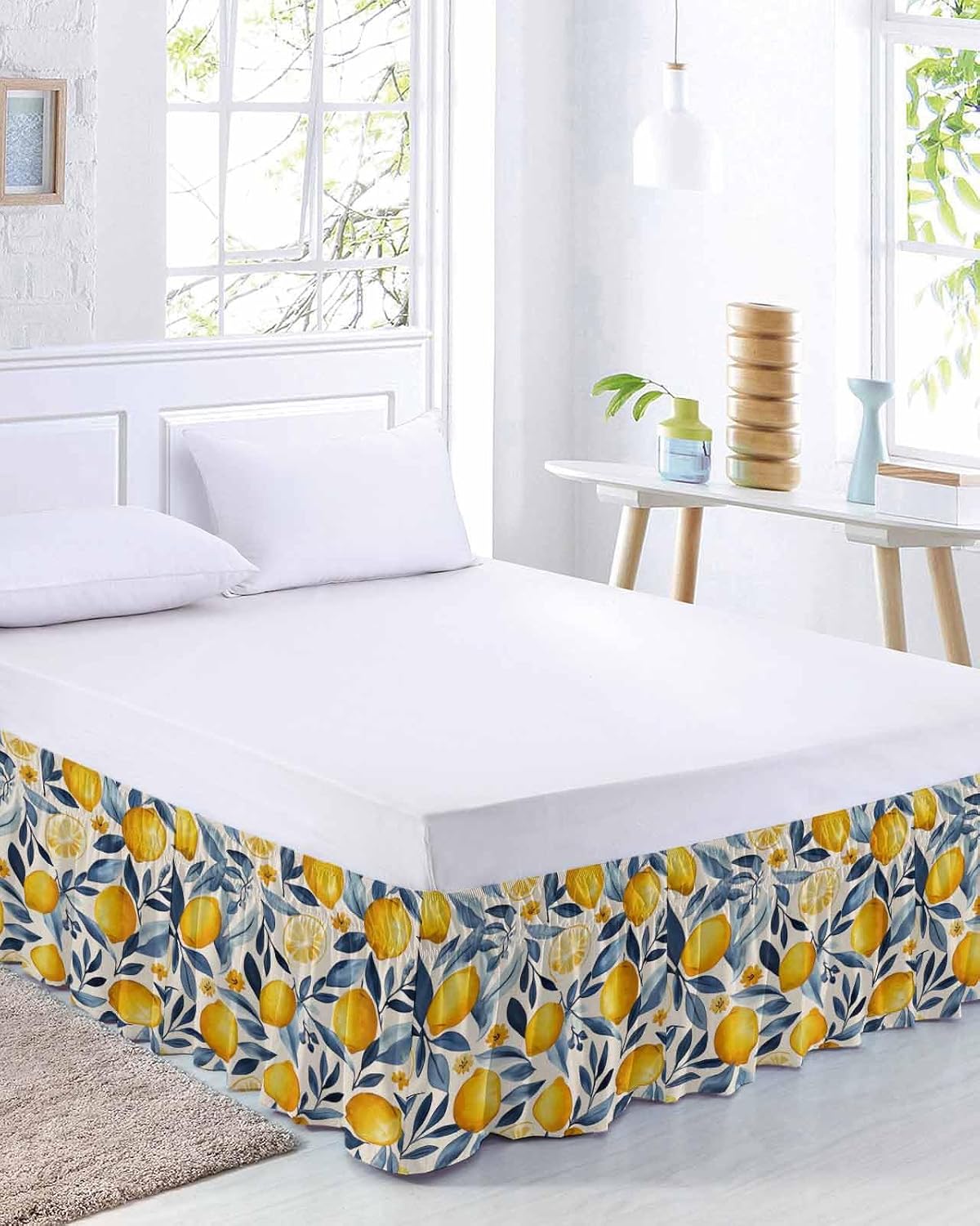 Lemon Bed Skirt Queen Size 16 Inch Drop, Adjustable Elastic Wrap Around Bed Skirts Easy Fitting Dust Ruffle Bedskirt Bed Frame Cover Plant Branch Yellow Blue Retro Spring Summer