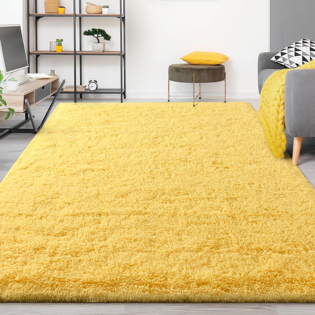 Large Area Rugs for Living Room, 5x8 Feet Yellow Shaggy Rug Fluffy Throw Carpets, Ultra Soft Plush Modern Indoor Fuzzy Rugs for Bedroom Girls Kids Nursery Room Dorm Home Decor